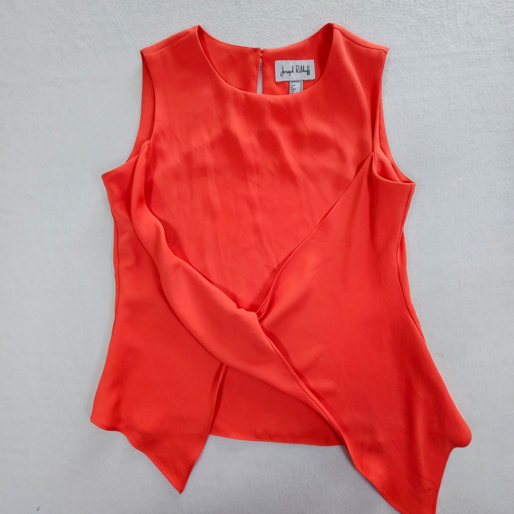 Joseph Ribkoff Coral Orange Asymmetrical Tulip Front Sleeveless Blouse Size 12